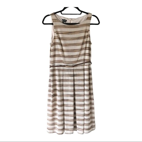 Muse Sleeveless Beige/Brown Striped Metallic Belted Fit And Flare Dress Size 8 - Picture 1 of 13